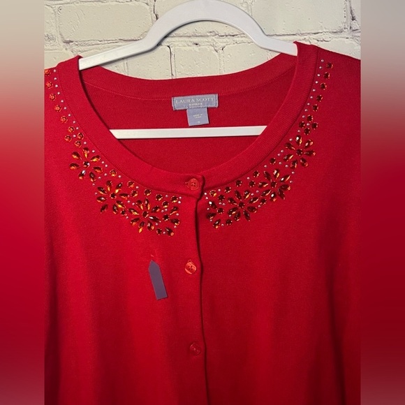 Laura Scott Woman red cardigan beaded collar button up size 1x - Picture 2 of 10